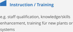Instruction / Training e.g. staff qualification, knowledge/skills enhancement, training für new plants or systems